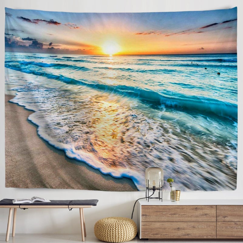 IcosaMro Beach Tapestry Wall Hanging, Ocean Sunset Sea Beach Wave Landscape Scenery Nature Wall Decorations Bohemian Home Decor for Bedroom, Dorm, College, Living Room, 51x60, Blue - Image 1